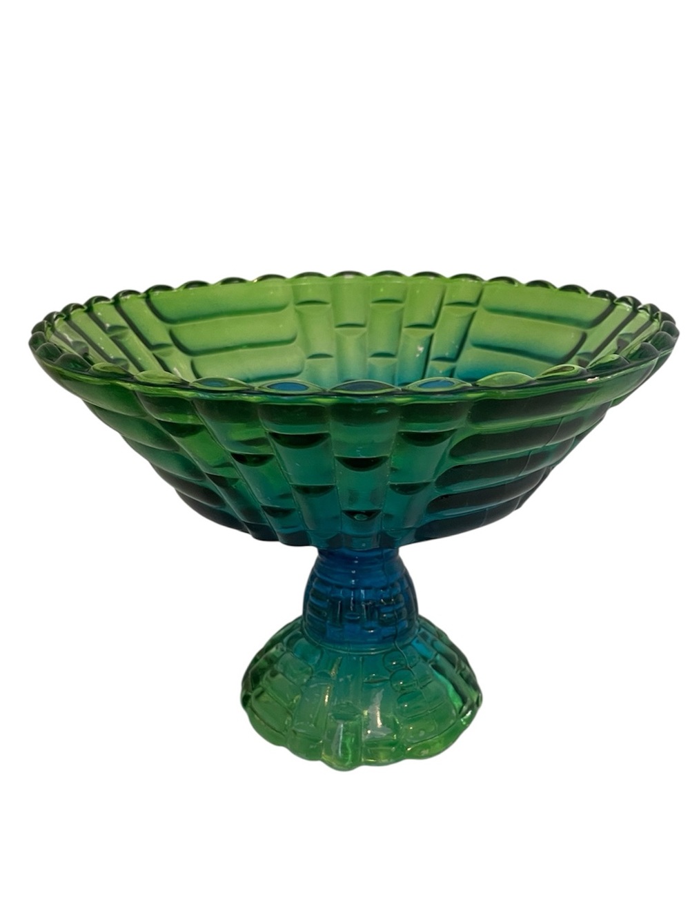 Vtg Jeannette Large Compote Fruit Bowl Blue Green Ombré Basketweave